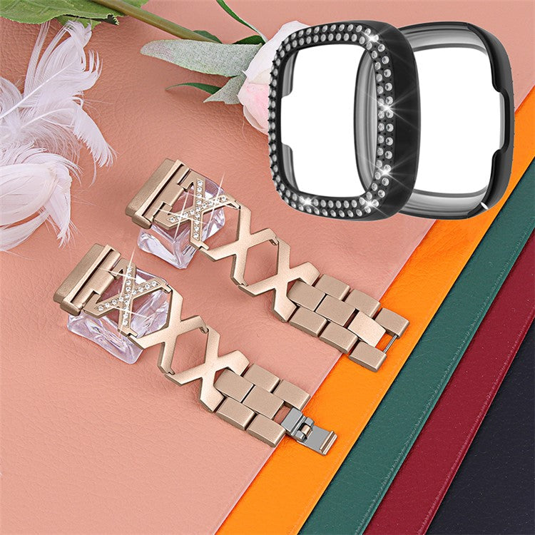 For Fitbit Versa 3 / Sense Stylish X-Shape Design Stainless Steel Smartwatch Wrist Strap + Two Row Rhinestones Black Protective Case - Gold