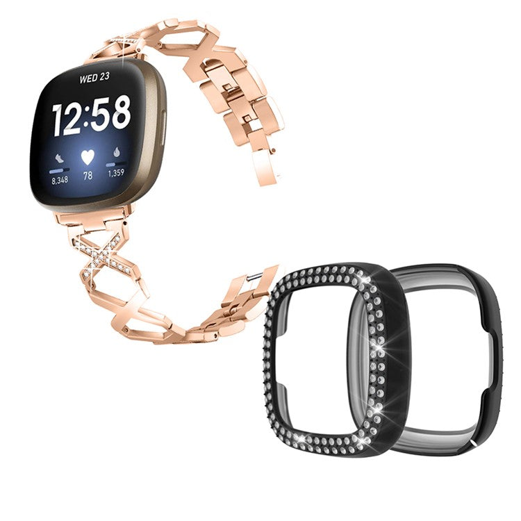 For Fitbit Versa 3 / Sense Stylish X-Shape Design Stainless Steel Smartwatch Wrist Strap + Two Row Rhinestones Black Protective Case - Rose Gold