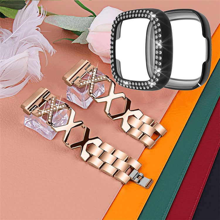 For Fitbit Versa 3 / Sense Stylish X-Shape Design Stainless Steel Smartwatch Wrist Strap + Two Row Rhinestones Black Protective Case - Rose Gold