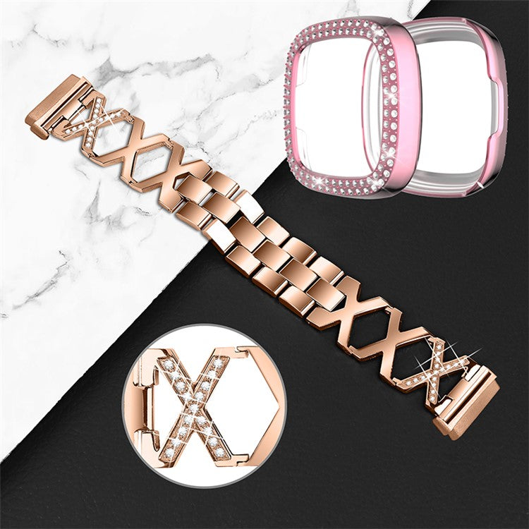 For Fitbit Versa 3 / Sense X-Shape Design Smartwatch Wrist Band Stainless Steel Bracelet + Two Row Rhinestones Rose Pink Watch Case - Rose Gold