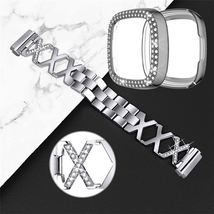 For Fitbit Versa 3 / Sense X-Shape Design Stainless Steel Bracelet Replacement Strap + Two Row Rhinestones Grey Watch Protective Case - Silver