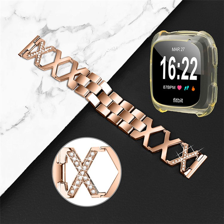 For Fitbit Versa / Versa 2 / Versa Lite / Versa SE X-shaped Watch Band Rhinestone Decor Replacement Stainless Steel Strap with Transparent Yellow TPU Hollow Watch Cover - Rose Gold