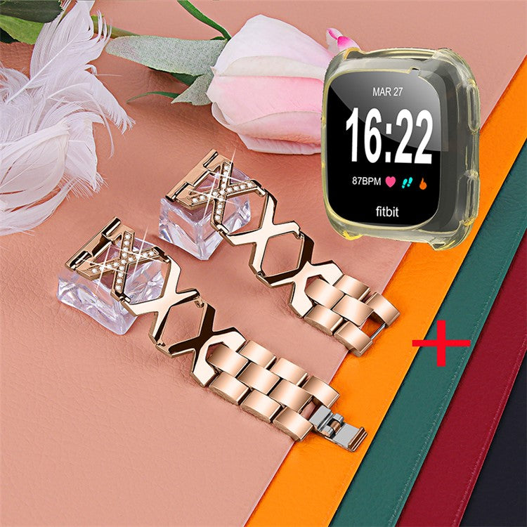 For Fitbit Versa / Versa 2 / Versa Lite / Versa SE X-shaped Watch Band Rhinestone Decor Replacement Stainless Steel Strap with Transparent Yellow TPU Hollow Watch Cover - Rose Gold