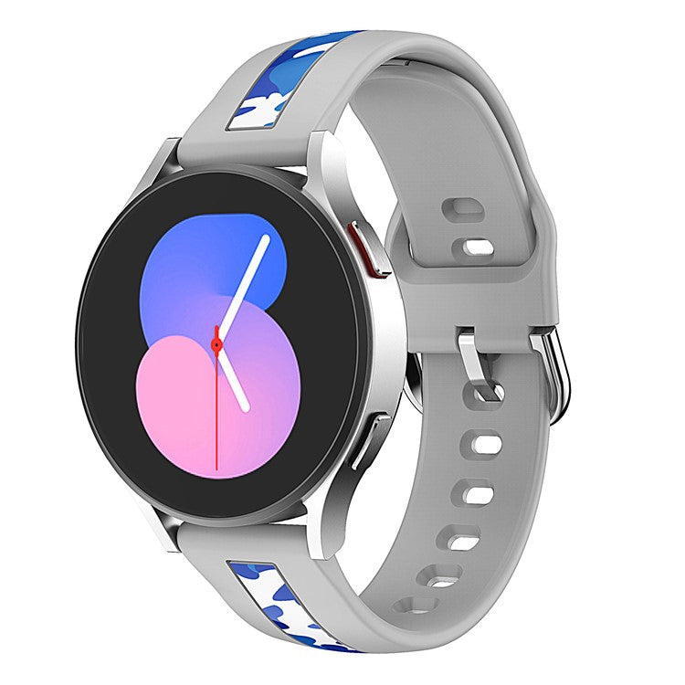 For Samsung Galaxy Watch6 40mm 44mm / Watch6 Classic 43mm 47mm / Watch 5 40mm 44mm / 5 Pro 45mm / Watch4 40mm 44mm Fadeless Printed Pattern Watch Band 20mm Silicone Quick Release Sport Strap Replacement - Grey / Blue Camouflage
