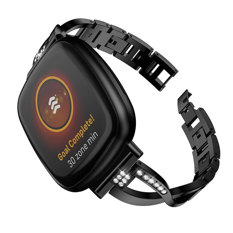 For Fitbit Versa 4 / Sense 2 Cross Design Rhinestones Decor Metal Strap Replacement Watch Band - Black