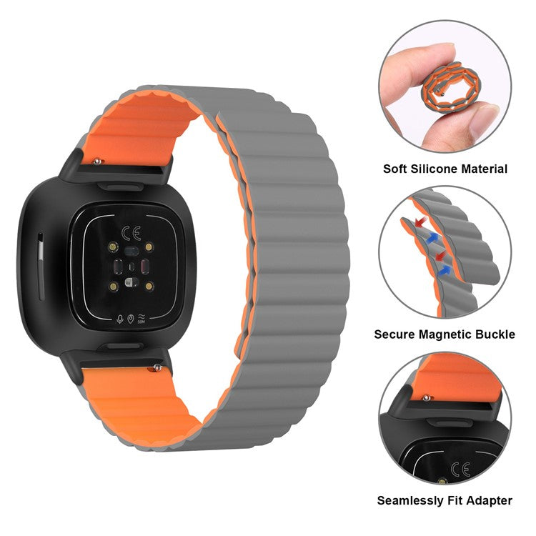 For Fitbit Versa 4 / Sense 2 Magnetic Attraction Silicone Smart Watch Strap Replacement Wrist Band - Grey / Yellow
