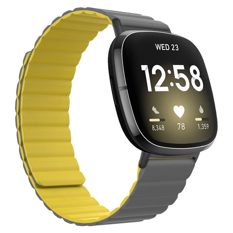 For Fitbit Versa 4 / Sense 2 Magnetic Attraction Silicone Smart Watch Strap Replacement Wrist Band - Grey / Yellow