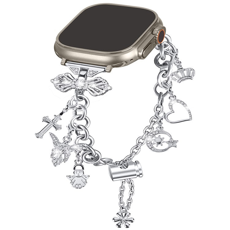 For Apple Watch Series 10 46mm / Ultra 2 Ultra 49mm / Series 9 8 7 45mm / 6 5 4 SE (2023) SE (2022) SE 44mm / 3 2 1 42mm Watch Band Multiple Pendant Design Bracelet Wrist Strap - Silver