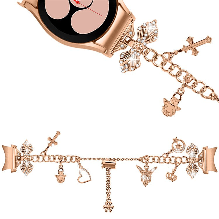 For Samsung Galaxy Watch6 40mm 44mm / Watch6 Classic 43mm 47mm / Watch 5 40mm 44mm / 5 Pro 45mm / Watch4 40mm 44mm Multiple Pendants Metal Watch Band Adjustable Wristband Bracelet - Rose Gold