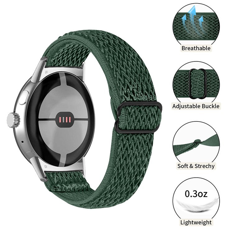 For Google Pixel Watch 2 / Pixel Watch Elastic Woven Soft Watch Strap Replacement Wrist Band (Silver Connector) - Army Green