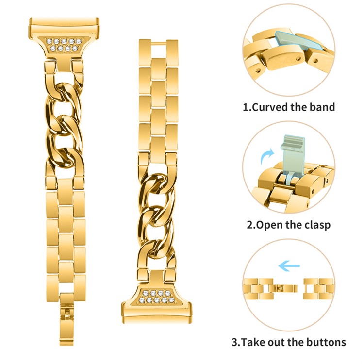 For Fitbit Versa 3 / Sense Universal Watch Strap Metal Watch Band Rhinestone Decorated Connector Watchband for Girls - Gold