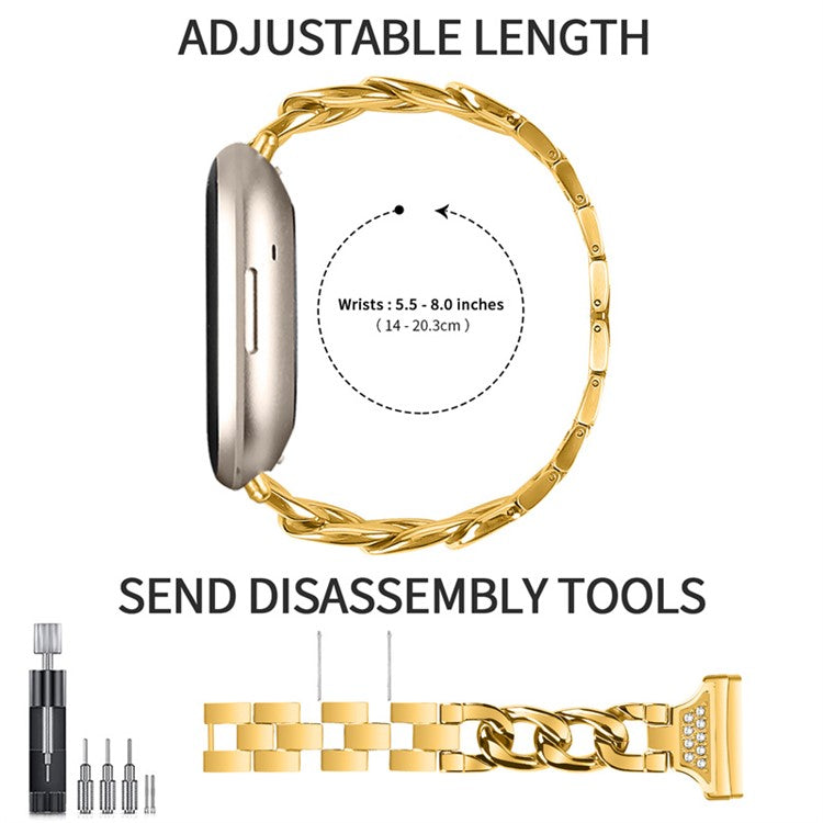 For Fitbit Versa 3 / Sense Universal Watch Strap Metal Watch Band Rhinestone Decorated Connector Watchband for Girls - Gold