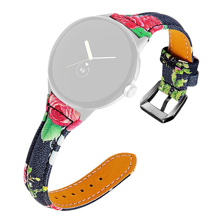 For Google Pixel Watch 2 / Pixel Watch Flower Pattern Genuine Leather Watch Band Replacement Strap with Black Connector - Style A