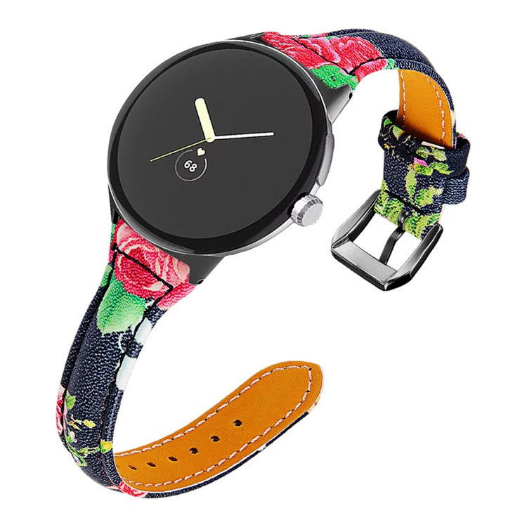 For Google Pixel Watch 2 / Pixel Watch Flower Pattern Genuine Leather Watch Band Replacement Strap with Black Connector - Style A