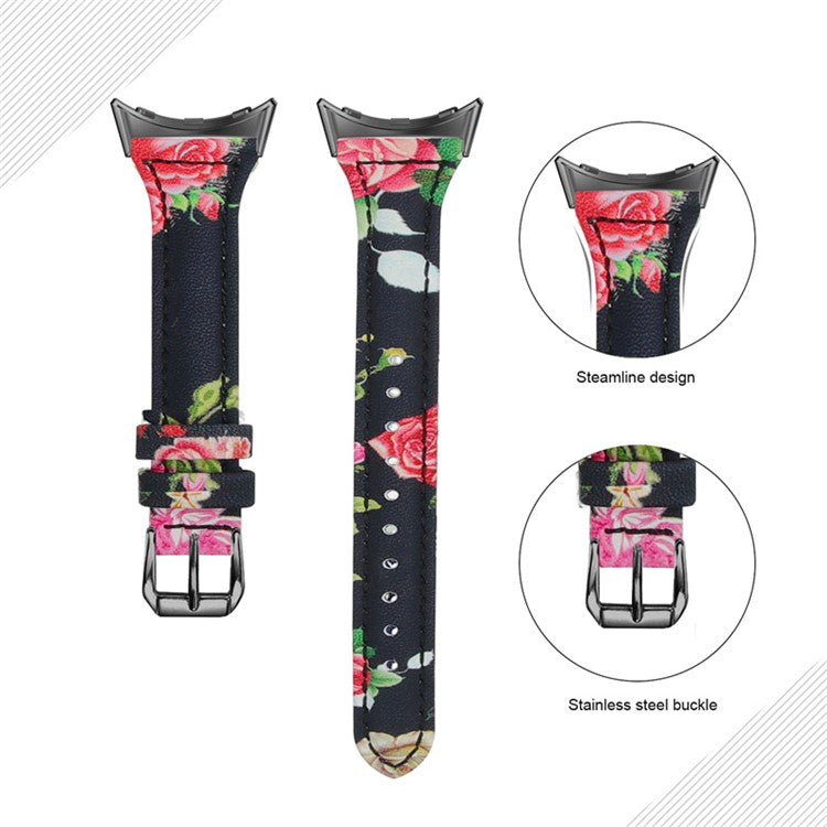 For Google Pixel Watch 2 / Pixel Watch Flower Pattern Genuine Leather Watch Band Replacement Strap with Black Connector - Style A