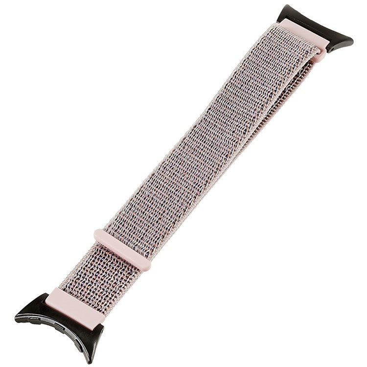 For Google Pixel Watch 2 / Pixel Watch Breathable Nylon Weave Strap Sport Loop Replacement Watch Band with Black Metal Connector - Grey / Pink