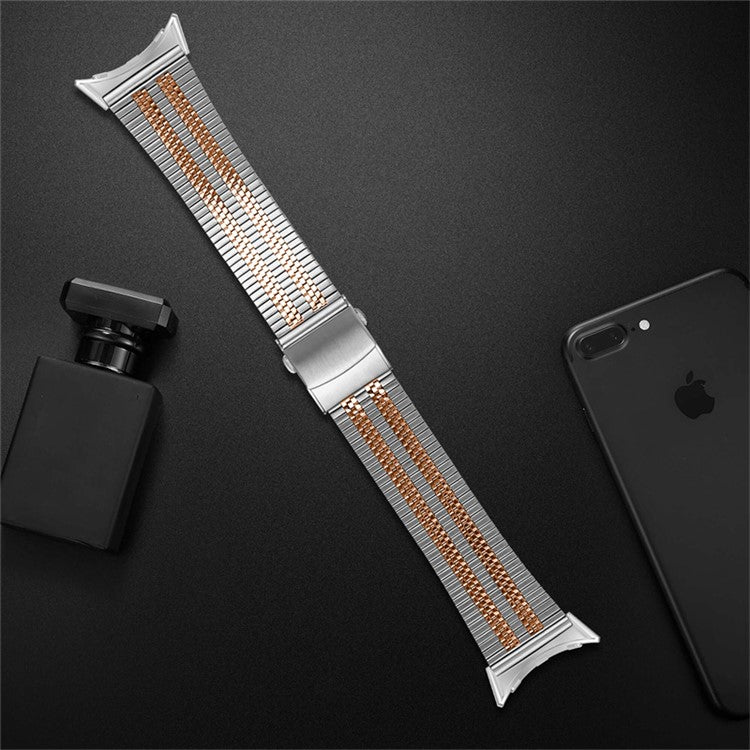 For Google Pixel Watch 2 / Pixel Watch 5 Beads Stainless Steel Smart Watch Band Stylish Replacement Wrist Strap - Silver / Rose Gold