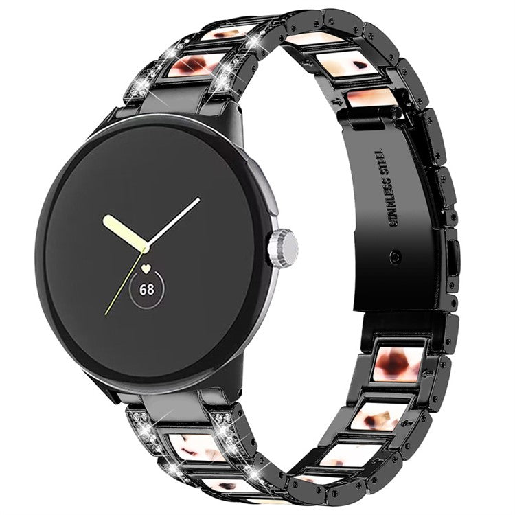 For Google Pixel Watch 2 / Pixel Watch Stainless Steel Resin Strap Bracelet Rhinestone Decor Replacement Wristband - Black / Nougat Pattern