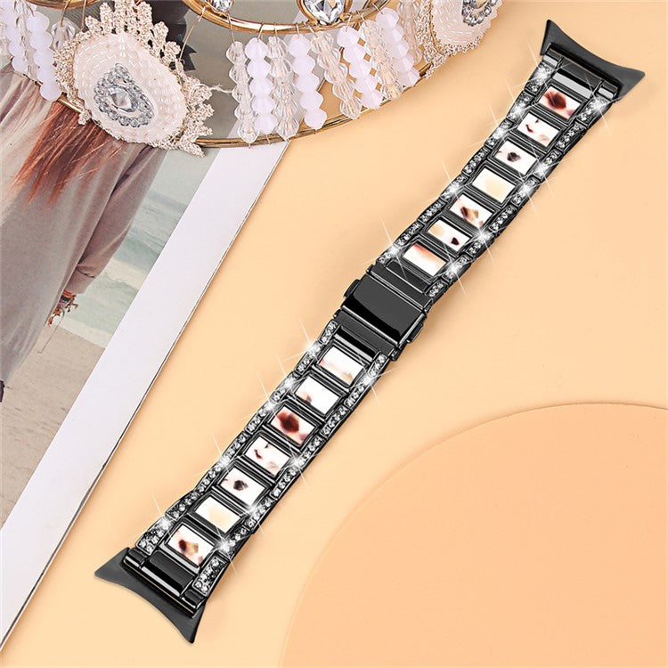 For Google Pixel Watch 2 / Pixel Watch Stainless Steel Resin Strap Bracelet Rhinestone Decor Replacement Wristband - Black / Nougat Pattern