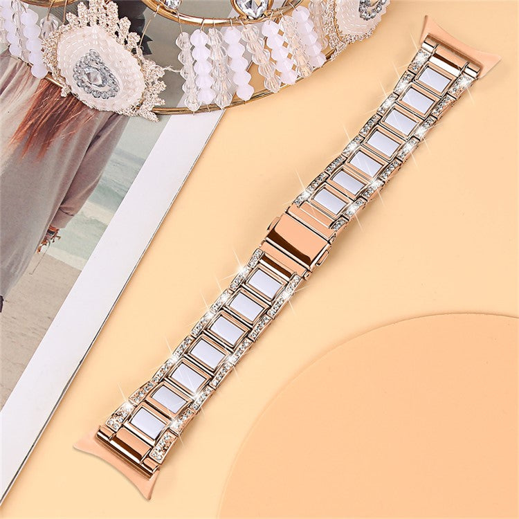 For Google Pixel Watch 2 / Pixel Watch Stainless Steel Resin Strap Bracelet Rhinestone Decor Replacement Wristband - Rose Gold / White