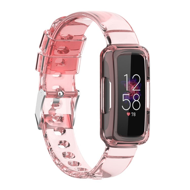 Integrated Smart Watch Strap for Fitbit Inspire 3, Silicone Watchband Adjustable Strap with Watch Case - Transparent Pink