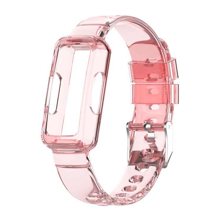 Integrated Smart Watch Strap for Fitbit Inspire 3, Silicone Watchband Adjustable Strap with Watch Case - Transparent Pink
