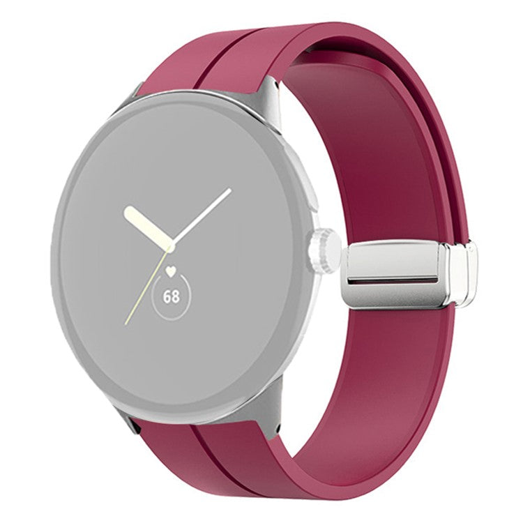 For Google Pixel Watch 2 / Pixel Watch Silicone Sport Band Magnetic Folding Buckle Replacement Watch Strap - Silver Buckle / Wine Red