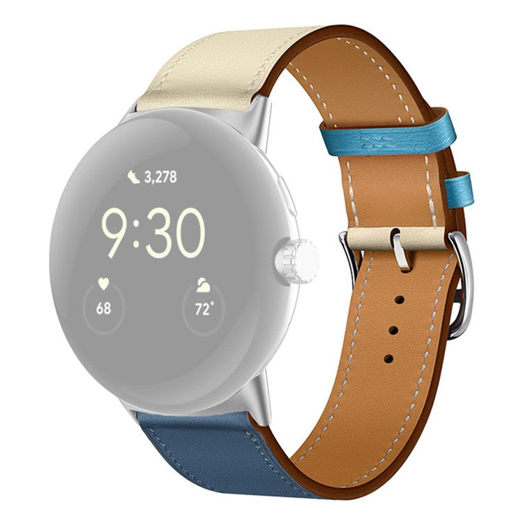For Google Pixel Watch 2 / Pixel Watch Genuine Leather Watch Band Stainless Steel Buckle Replacement Strap - Sky Blue / White