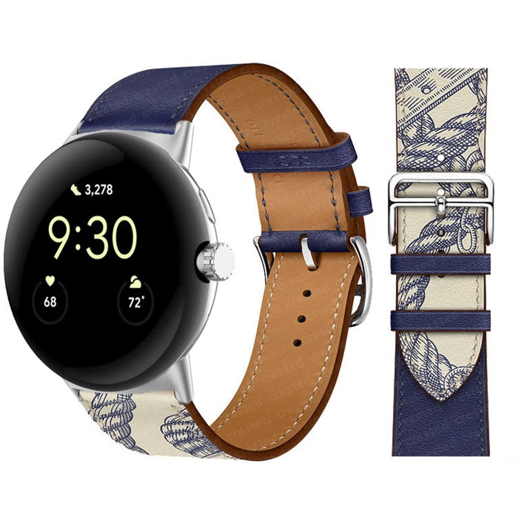 For Google Pixel Watch 2 / Pixel Watch Genuine Leather Watch Band Stainless Steel Buckle Replacement Strap - Sky Blue / White