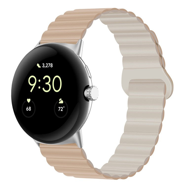 For Google Pixel Watch 2 / Pixel Watch Dual-Color Silicone Replacement Strap 20mm Adjustable Magnetic Closure Watch Band - Milk Tea / Rock White
