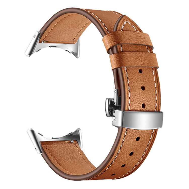 Butterfly Buckle Genuine Leather Strap for Google Pixel Watch 3 41mm / Watch 2 / Pixel Watch Replacement Watch Band - Silver Buckle / Brown
