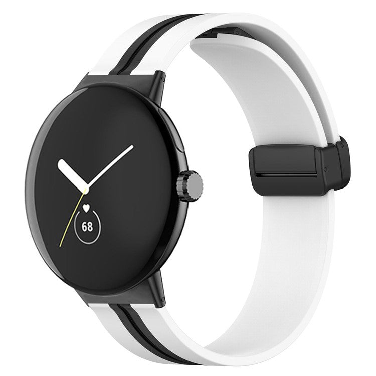 For Google Pixel Watch 2 / Pixel Watch Soft Silicone Band Silver Folding Buckle Dual Color Watch Strap Bracelet - White / Black