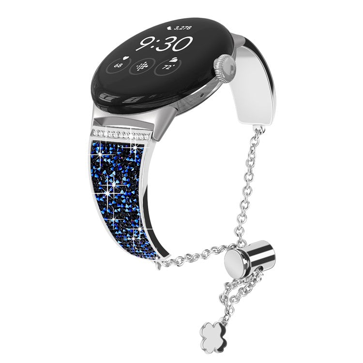 For Google Pixel Watch 3 41mm / Watch 2 / Pixel Watch Rhinestone Decor Bling Metal Chain Band Replacement Bracelet Watch Strap - Blue