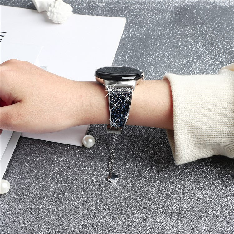 For Google Pixel Watch 3 41mm / Watch 2 / Pixel Watch Rhinestone Decor Bling Metal Chain Band Replacement Bracelet Watch Strap - Blue