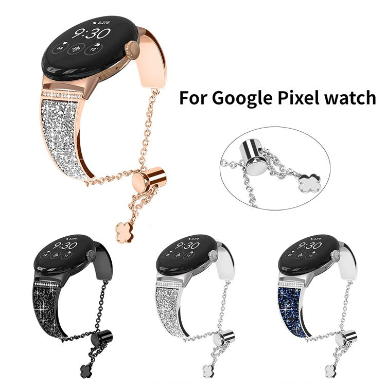 For Google Pixel Watch 3 41mm / Watch 2 / Pixel Watch Rhinestone Decor Bling Metal Chain Band Replacement Bracelet Watch Strap - Blue