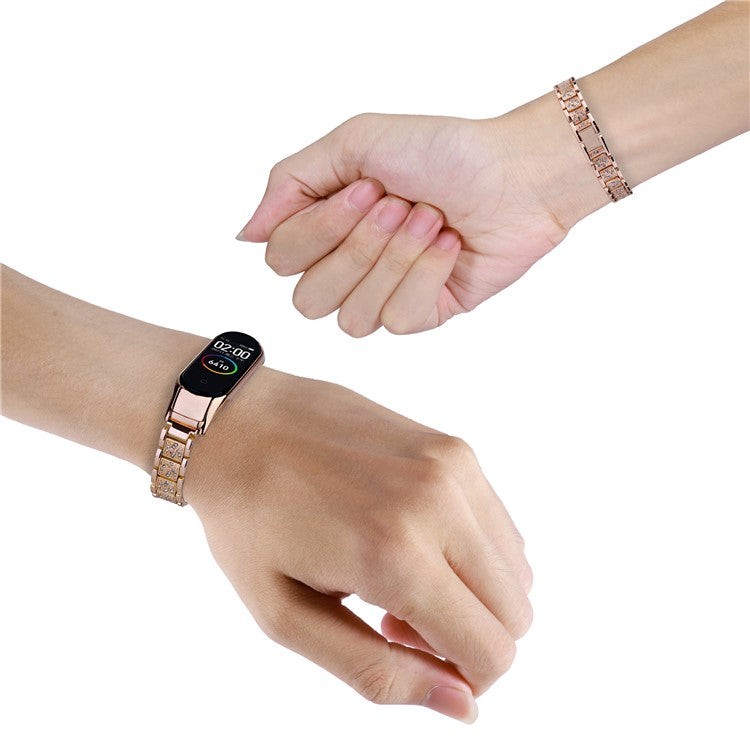 For Xiaomi Mi Band 7 Three Bead Rhinestone Decor Watch Band Metal Wrist Strap Replacement - Rose Gold