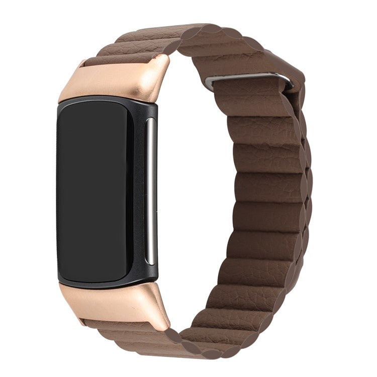 For Fitbit Charge 6 / 5 Replacement Magnetic Wrist Band Genuine Leather Adjustable Watch Strap - Coffee
