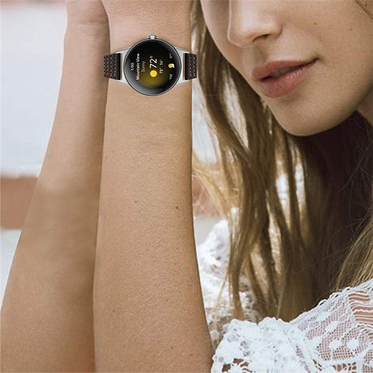 Wave Shape Stitching Watch Strap for Google Pixel Watch 2 / Pixel Watch Genuine Leather Watch Band - Black