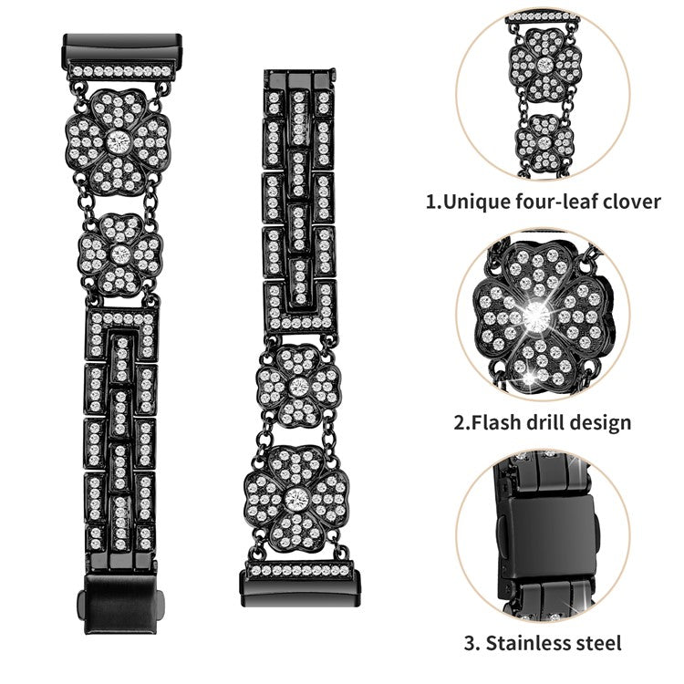 For Fitbit Versa 4 / Sense 2 Watch Strap Rhinestone Decor Replacement Steel Wrist Band - Black