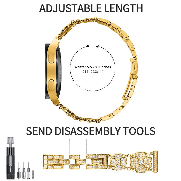 For Samsung Galaxy Watch6 40mm 44mm / Watch6 Classic 43mm 47mm / Watch 5 40mm 44mm / 5 Pro 45mm / Watch4 40mm 44mm Metal Watch Band 20mm Rhinestone Clover Wrist Strap - Gold