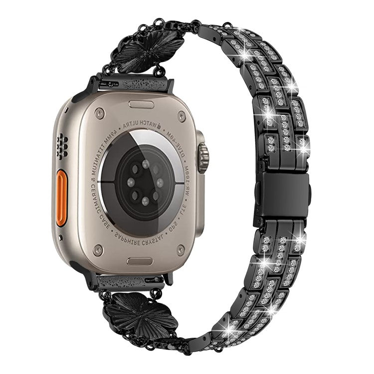 For Apple Watch Series 10 46mm / Ultra 2 Ultra 49mm /  Series 9 8 7 45mm / 6 5 4 SE (2023) SE (2022) SE 44mm / 3 2 1 42mm Watch Band Rhinestone Clover Watch Metal Strap - Black