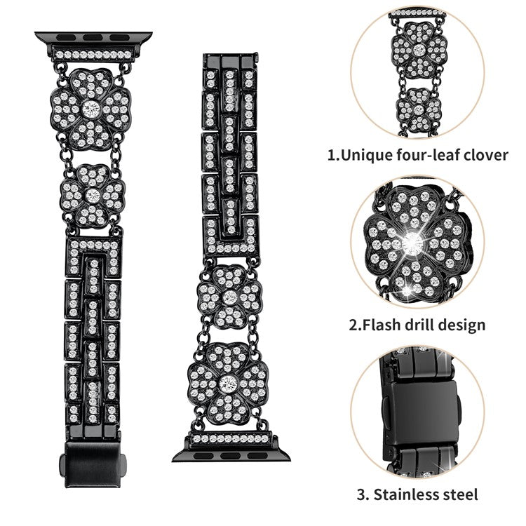 For Apple Watch Series 10 46mm / Ultra 2 Ultra 49mm /  Series 9 8 7 45mm / 6 5 4 SE (2023) SE (2022) SE 44mm / 3 2 1 42mm Watch Band Rhinestone Clover Watch Metal Strap - Black