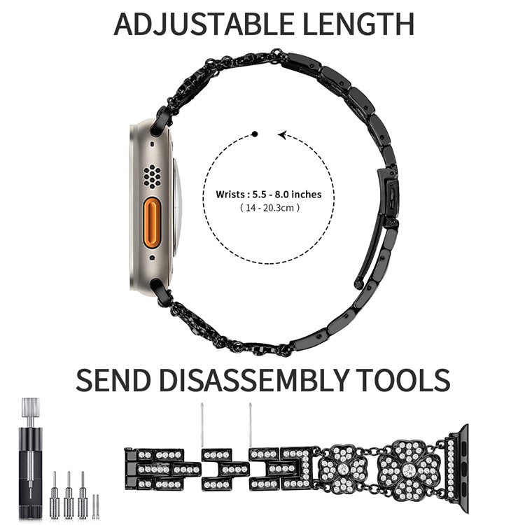 For Apple Watch Series 10 46mm / Ultra 2 Ultra 49mm /  Series 9 8 7 45mm / 6 5 4 SE (2023) SE (2022) SE 44mm / 3 2 1 42mm Watch Band Rhinestone Clover Watch Metal Strap - Black