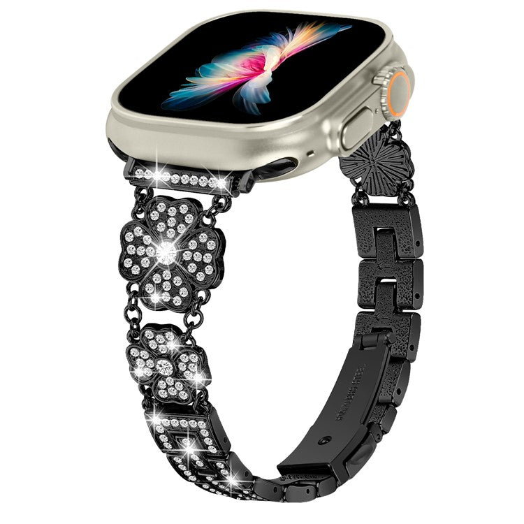 For Apple Watch Series 10 46mm / Ultra 2 Ultra 49mm /  Series 9 8 7 45mm / 6 5 4 SE (2023) SE (2022) SE 44mm / 3 2 1 42mm Watch Band Rhinestone Clover Watch Metal Strap - Black