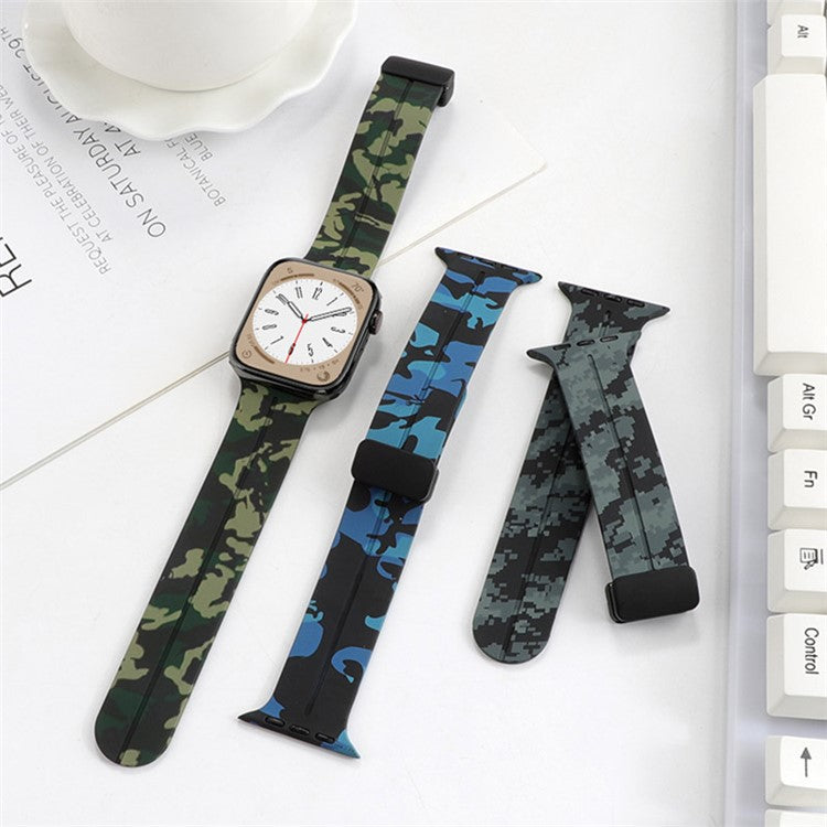 For Apple Watch Series 10 46mm / Ultra 2 Ultra 49mm / Series 9 8 7 45mm / 6 5 4 SE (2023) SE (2022) SE 44mm / 3 2 1 42mm Camouflage Silicone Watch Band Magnetic Buckle Strap - Black