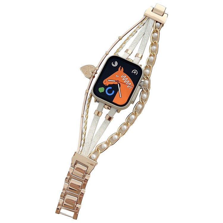 For Apple Watch Series 10 46mm / Ultra 2 Ultra 49mm / Series 9 8 7 45mm / 6 5 4 SE (2023) SE (2022) SE 44mm / 3 2 1 42mm Metal Leather Strap Heart Pendant Bracelet Watch Band - Gold