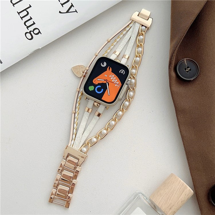 For Apple Watch Series 10 46mm / Ultra 2 Ultra 49mm / Series 9 8 7 45mm / 6 5 4 SE (2023) SE (2022) SE 44mm / 3 2 1 42mm Metal Leather Strap Heart Pendant Bracelet Watch Band - Gold