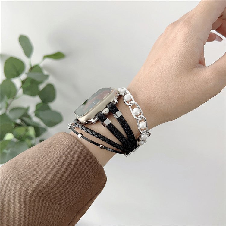 For Apple Watch Series 10 46mm / Ultra 2 Ultra 49mm / Series 9 8 7 45mm / 6 5 4 SE (2023) SE (2022) SE 44mm / 3 2 1 42mm Metal Leather Strap Heart Pendant Bracelet Watch Band - Gold