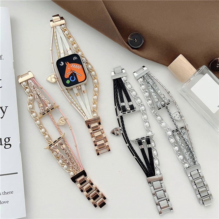 For Apple Watch Series 10 46mm / Ultra 2 Ultra 49mm / Series 9 8 7 45mm / 6 5 4 SE (2023) SE (2022) SE 44mm / 3 2 1 42mm Metal Leather Strap Heart Pendant Bracelet Watch Band - Gold