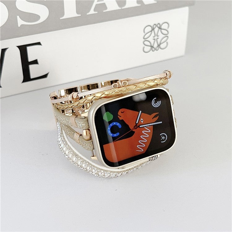 For Apple Watch Series 10 46mm / Ultra 2 Ultra 49mm / Series 9 8 7 45mm / 6 5 4 SE (2023) SE (2022) SE 44mm / 3 2 1 42mm Metal Leather Strap Flower Pendant Bracelet Watch Band - Gold